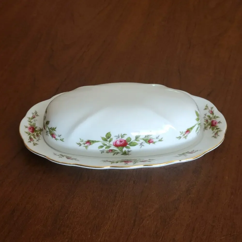 Vintage Johann Haviland Traditions Moss Rose Covered Butter Dish with Gold Trim